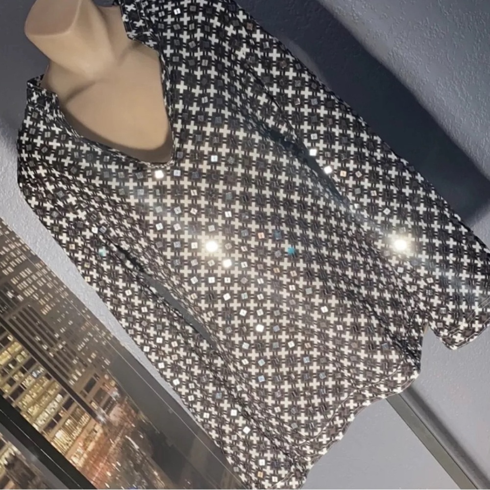 Tory Burch Brown Embellished Sequin Geometric Sequin V-neck Tunic Top L 12